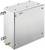 Srebrny, prostokątny obudowa ochronna z śrubami i okuciami. Odpowiednia do stosowania na zewnątrz, zapewniająca bezpieczne przechowywanie elementów elektrycznych.