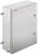 Metalowa szafa elektryczna, prostokątna, o błyszczącej powierzchni i mocowaniu ściennym z boku. Stosowana do przechowywania elektroniki.