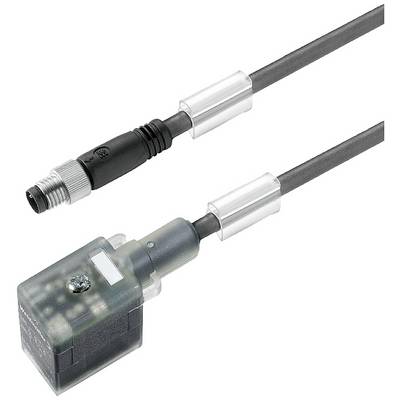 Czarny kabel z okrągłym złączem i przezroczystą prostokątną wtyczką. Oba elementy posiadają plastikowe osłony ochronne.