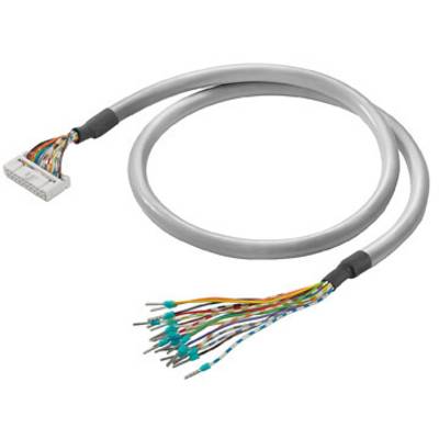 Szary, wielożyłowy kabel z białym złączem po lewej stronie i kolorowymi, nieosłoniętymi końcówkami po prawej stronie.