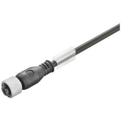 Widać czarny kabel z okrągłym, prążkowanym wtykiem oraz przezroczystym plastikowym zaciskiem.
