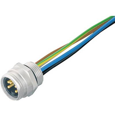 Wielożyłowy kabel z metalowym wtykiem na jednym końcu. Kabel w kolorach brązowym, niebieskim, żółto-zielonym i czarnym do połączeń elektrycznych.