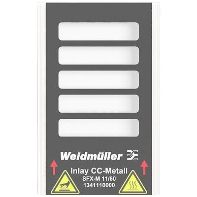'Weidmüller Wkładka CC-Metal' z pięcioma białymi polami i ostrzeżeniami na dole: Błyskawica i gorąco. Numer modelu SFX-M 11/60, 1341110000.