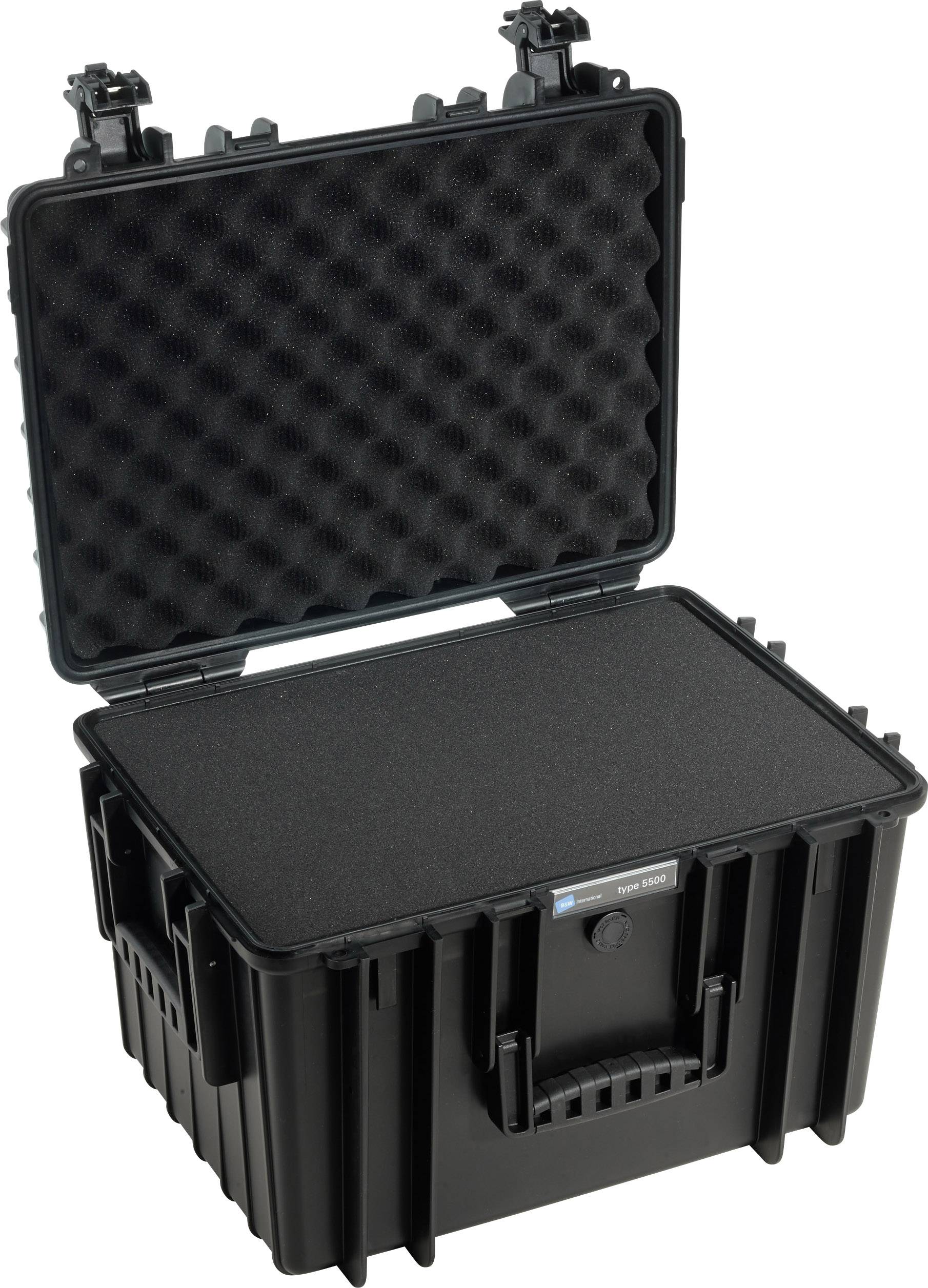 Czarny, wytrzymały kufer transportowy z otwartą pokrywą, wyposażony we wnętrze wyłożone pianką zabezpieczającą do bezpiecznego przechowywania urządzeń technicznych.