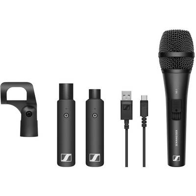 Zestaw mikrofonowy składający się z mikrofonu, dwóch odbiorników bezprzewodowych, uchwytu mikrofonowego oraz dwóch kabli USB, przeznaczony do bezprzewodowego przesyłania dźwięku.