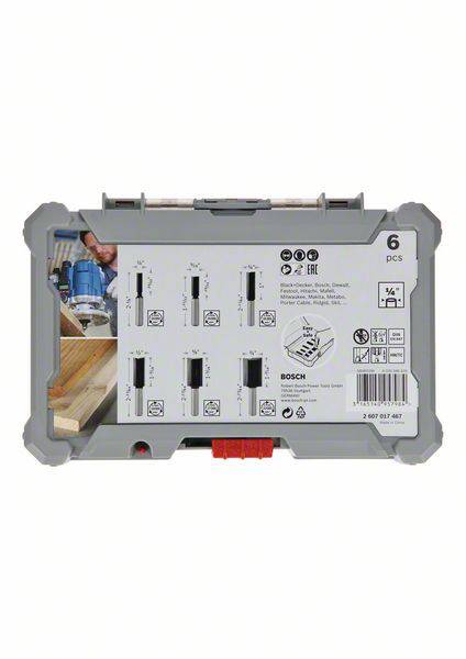 Zestaw sześciu szarych wierteł drewnianych w plastikowym pudełku. Na opakowaniu przedstawiono rozmiary wierteł oraz przykłady zastosowań.