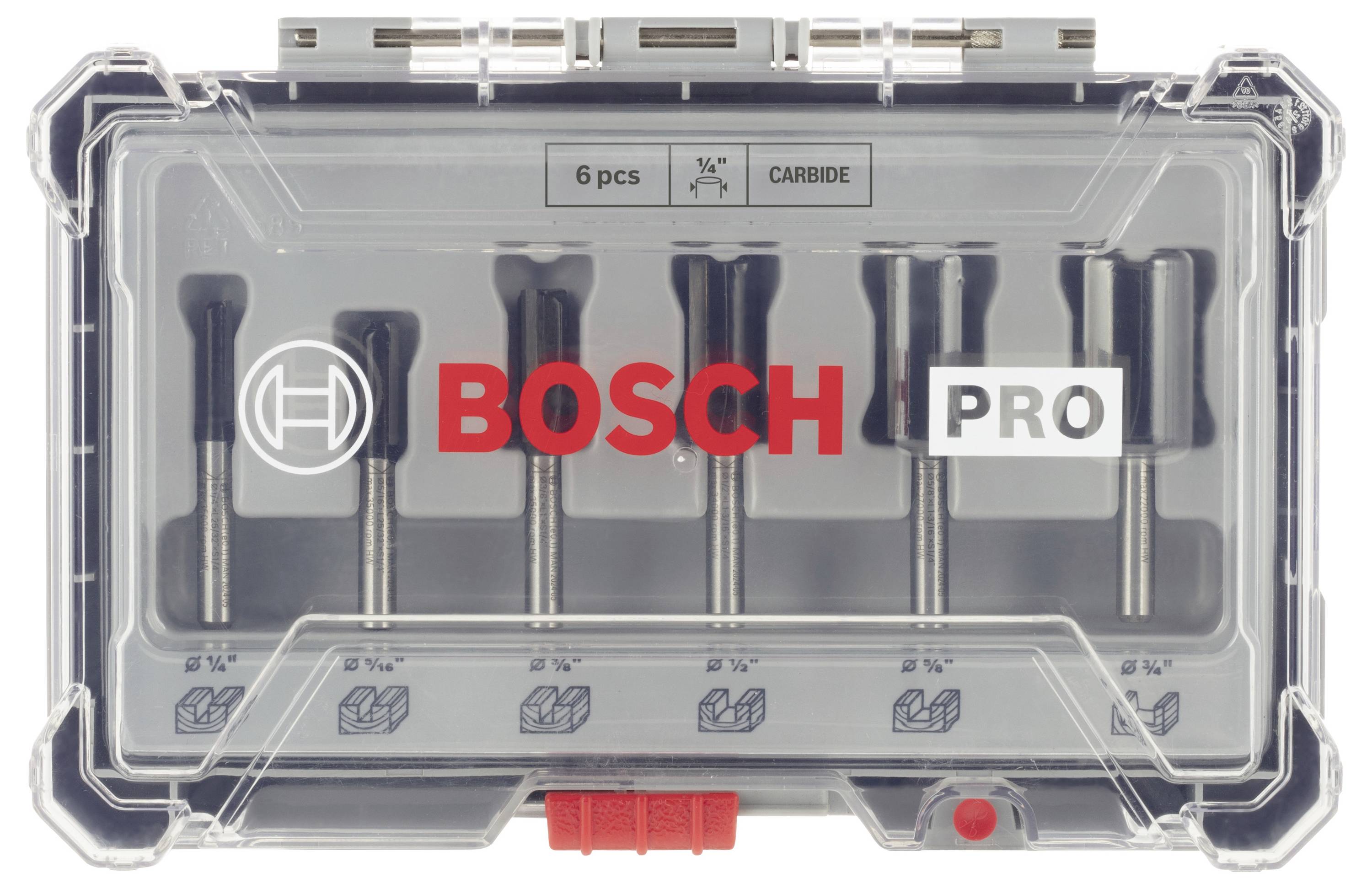 Zestaw bitów 'Bosch Pro', 6-częściowy, w przezroczystym plastikowym etui. Zawiera różne rozmiary do precyzyjnych prac wiertniczych.