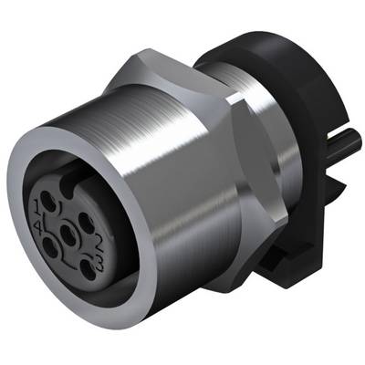 Metalowy wtyk w kształcie cylindra z pięcioma otworami z przodu, używany do podłączeń elektrycznych.