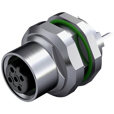 Metalowy, cylindryczny łącznik wtykowy z wieloma gniazdami i zielonym pierścieniem uszczelniającym zapewniającym szczelność.