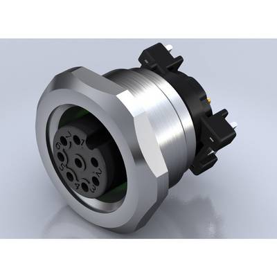 Przemysłowy złącz elektryczny z sześcioma ponumerowanymi stykami, zamontowany na cylindrycznym obudowie metalowej, na szarym tle.