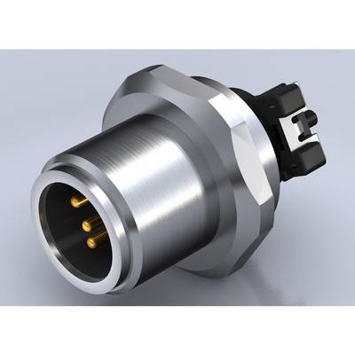 Cylindryczny metalowy wtyk z kilkoma złotymi stykami i czarną plastikową końcówką, leżący na szarej powierzchni.