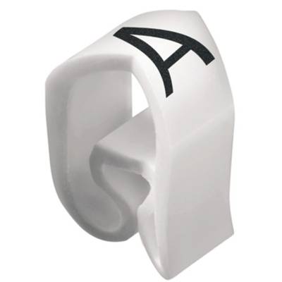 Biały plastikowy klips z dużą, czarną literą 'A', typowo stosowany do zarządzania kablami.