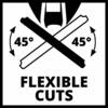 Symbol przedstawia piłę w kącie 45 stopni po obu stronach, towarzyszący tekst 'Flexible Cuts' wskazuje na elastyczne cięcia.