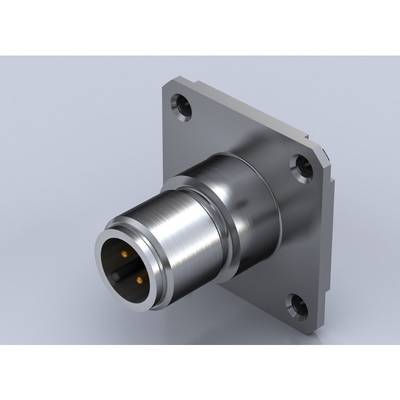 Metalowy wtyk z kwadratową płytką kołnierzową i czterema otworami mocującymi, odpowiedni do zastosowań przemysłowych lub elektronicznych.
