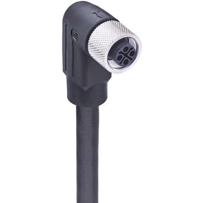 Czarny, kątowy wtyk z metalowym gwintem, przeznaczony do zastosowań przemysłowych. Adapter z czterema gniazdami.