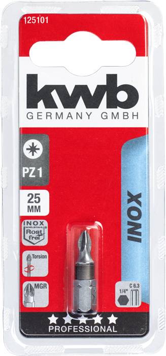 Opakowanie końcówki PZ1 firmy KWB Germany GmbH, 25 mm, nierdzewnej, odpowiedniej do zastosowań profesjonalnych.