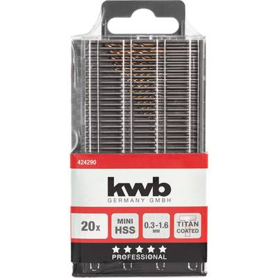 Zestaw wierteł 'kwb Germany GmbH, 20 sztuk, Mini HSS, 0,3-1,6 mm, Powlekane tytanem', odpowiedni do zastosowań profesjonalnych.
