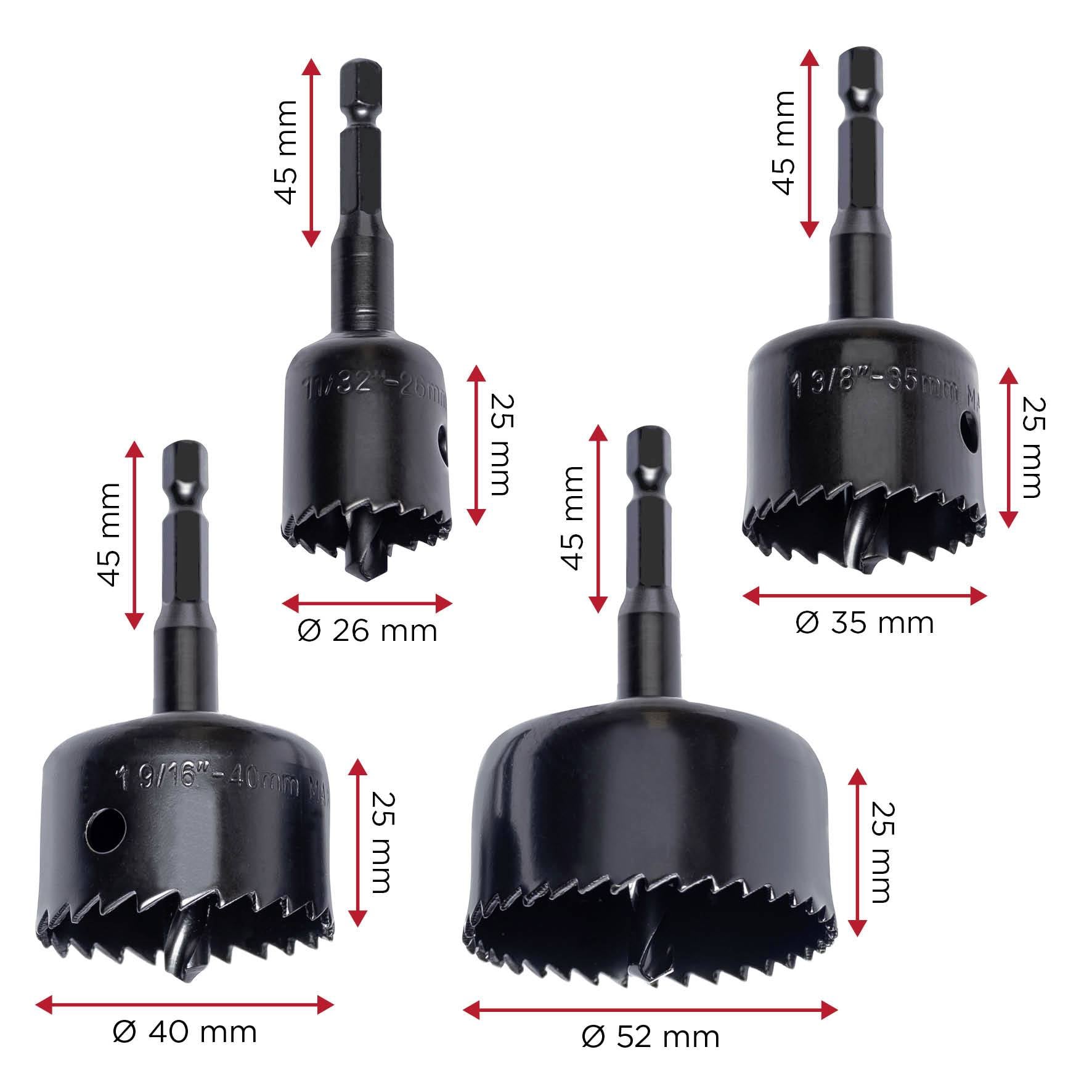 Pięć pił otworowych o różnych średnicach (26 mm, 35 mm, 40 mm, 52 mm) i długościach (25 mm, 45 mm) jest prezentowanych.