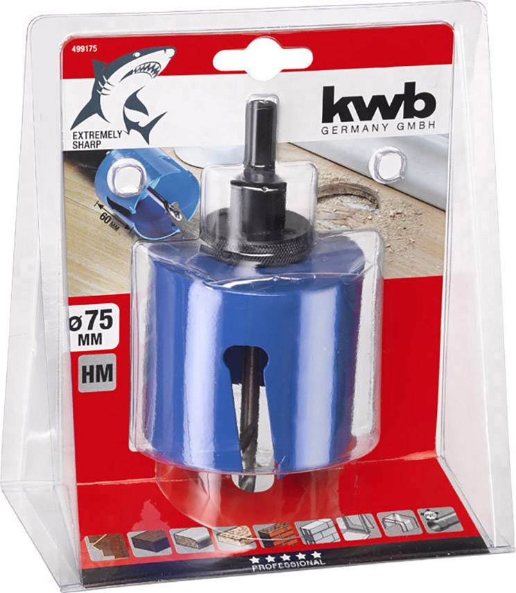 Niebieski krążkowy nóż do cięcia firmy 'kwb germany gmbh' w opakowaniu blistrowym. Tekst: 'niezwykle ostry', Ø75mm, HM, z ilustracjami zastosowań.