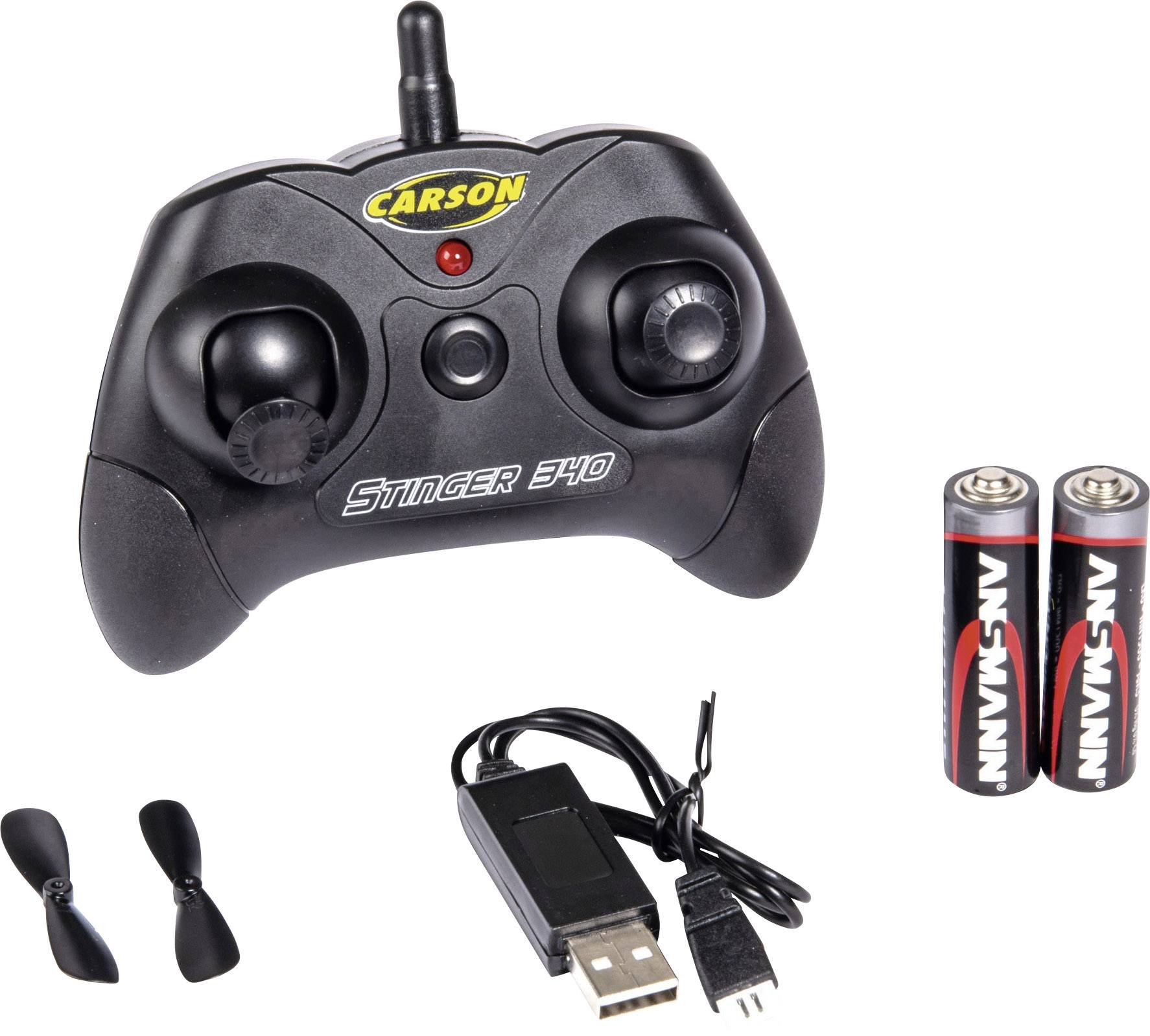 Czarny kontroler zdalnego sterowania do modelu samolotu, dwie baterie, kabel USB do ładowania oraz zapasowe śmigła.