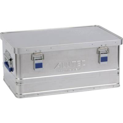 Aluminiowa skrzynka z dwoma niebieskimi zamknięciami, oznaczona grawerem 'Alutec München'. Odpowiednia do bezpiecznego transportu i przechowywania.