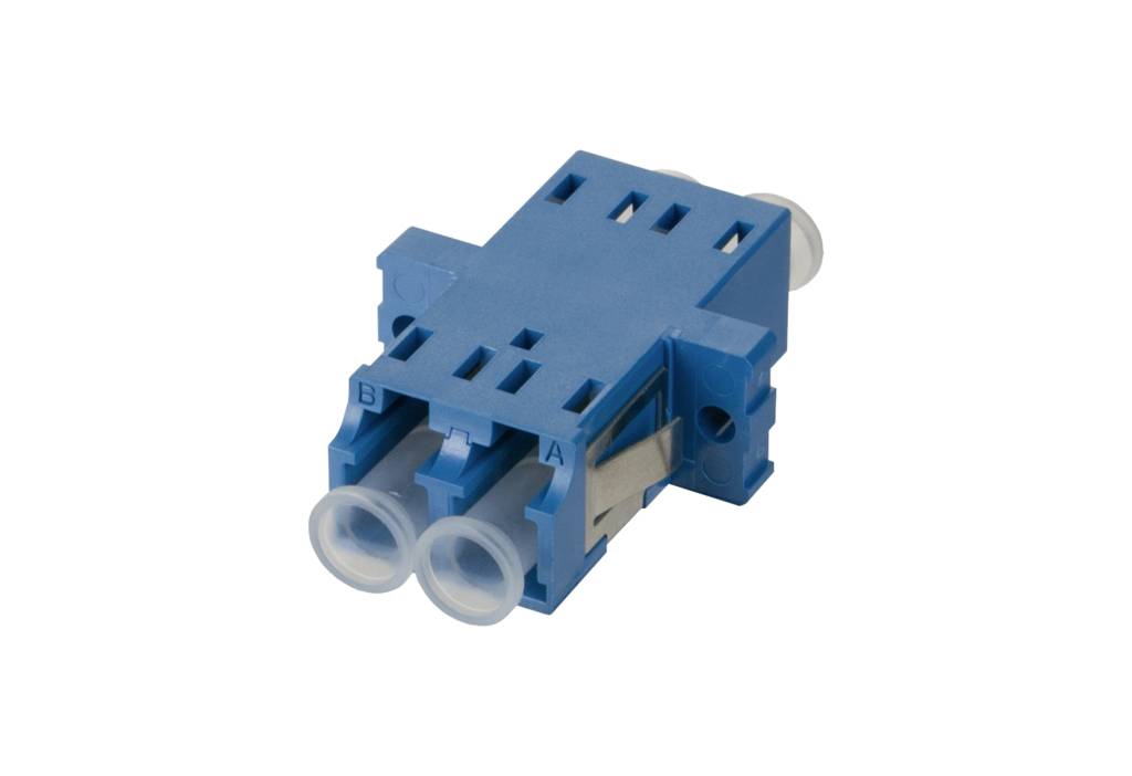 Niebieskie złącze światłowodowe z dwoma portami, przeznaczone do połączeń sieciowych, na białym tle.