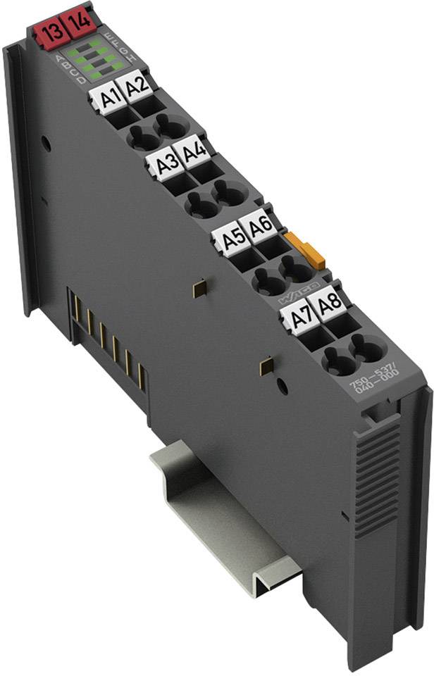 Szara elektroniczna jednostka sterująca z wieloma zaciskami przyłączeniowymi, ponumerowanymi od A1 do A6, zamontowana na metalowym wsporniku.