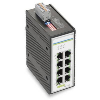 Przemysłowy switch Ethernet z 8 portami, montowany na szynie DIN, zapewniający niezawodne połączenie w sieciach przemysłowych.