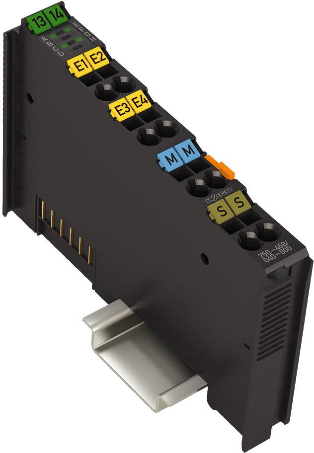 Czarny element elektroniczny z wieloma kolorowymi złączami, zamontowany na szynie metalowej.