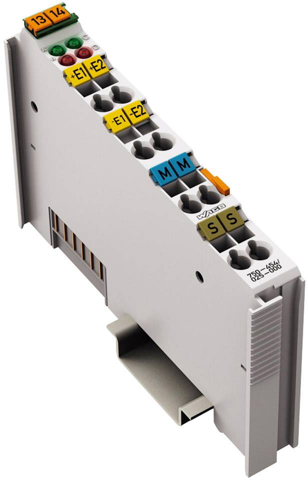 Szary moduł elektroniczny z wieloma zaciskami przyłączeniowymi, kodowanymi kolorystycznie i numerowanymi, przeznaczony do montażu na szynie DIN.