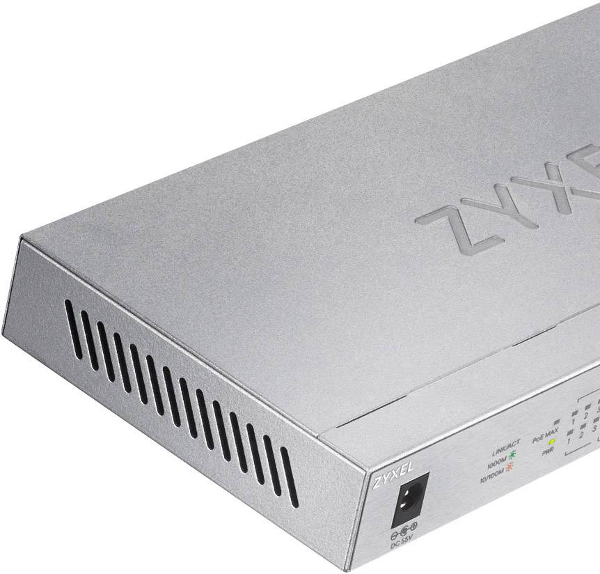 Szary router sieciowy z logo producenta 'ZYXEL', z licznymi otworami wentylacyjnymi i wieloma diodami statusowymi na przedniej ściance.