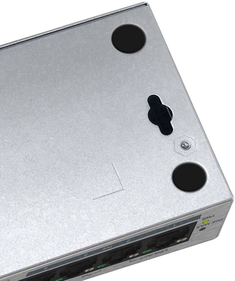 Srebrna metalowa obudowa z dwoma czarnymi cylindrami montażowymi i wycięciem do mocowania naściennego.