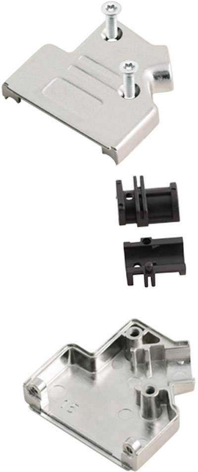 Metalowa obudowa ze śrubami i czarnymi elementami z tworzywa sztucznego, prawdopodobnie przeznaczona dla elektroniki. Widok górnej i dolnej pokrywy.