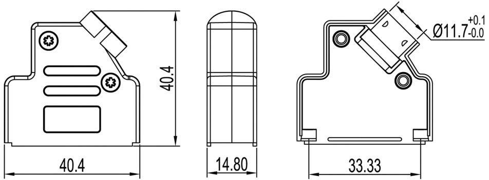 Rysunek techniczny prostokątnego elementu z zaokrąglonym górnym brzegiem. Wymiary: 40,4 x 33,33 x 14,80 mm. Oznaczone pozycje śrub i otworów.