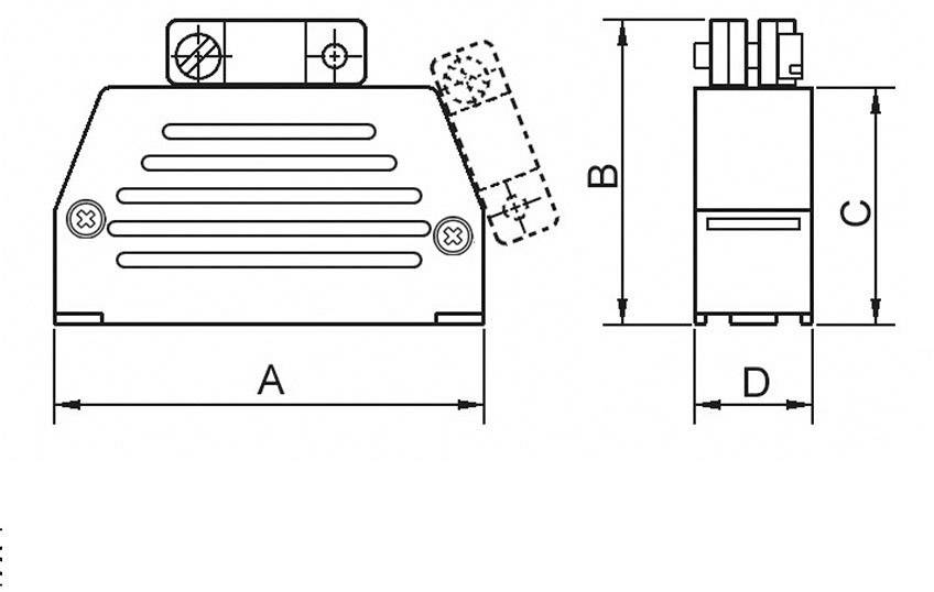 Rysunek techniczny komponentu mechanicznego z wymiarami A, B, C i D, przedstawiony z widokiem bocznym i czołowym.