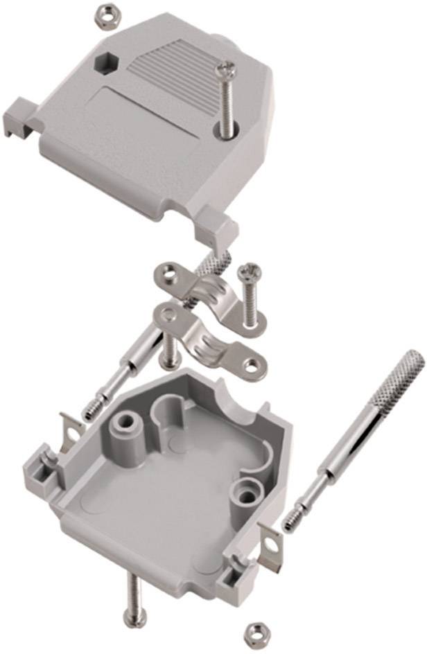 'Instrukcja montażu dwuczęściowej obudowy z tworzywa sztucznego z śrubami i zaciskami, montowana od góry do dołu.'