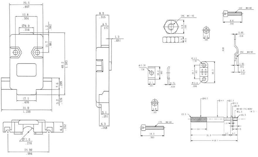 Rysunek techniczny przełącznika ze szczegółowymi wymiarami i widokami z różnych stron. Nie zawiera dodatkowych opisów.