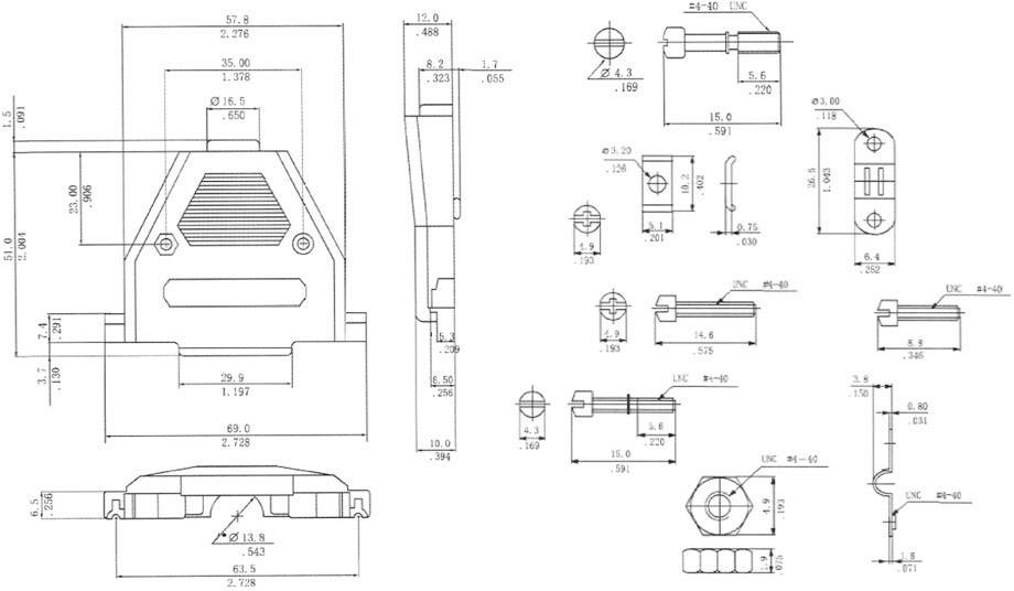 Rysunek techniczny części mechanicznej z wieloma rzutami i oznaczeniami wymiarów. Przedstawia szczegóły i wymiary niezbędne do produkcji.