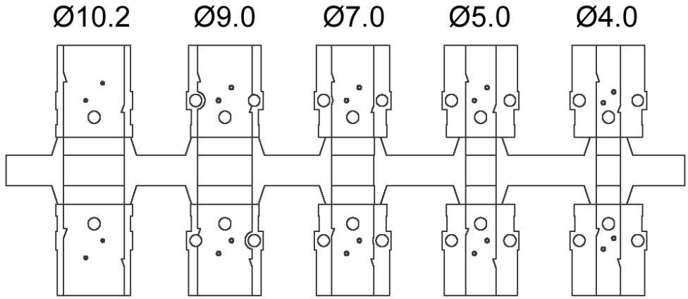 Rysunek techniczny z pięcioma oznaczeniami otworów: 'Ø10,2', 'Ø9,0', 'Ø7,0', 'Ø5,0', 'Ø4,0'. Otwory ułożone są liniowo.