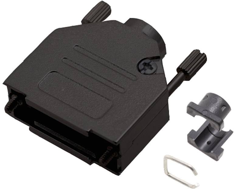 Czarny adapter wtykowy do łączenia urządzeń elektronicznych, wyposażony w dwa złącza śrubowe oraz szarą plastikową obudowę.