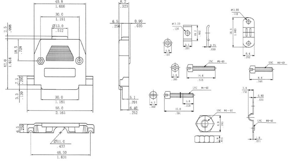 Rysunek techniczny elementu mechanicznego z wieloma widokami i wymiarowaniem do produkcji i montażu.