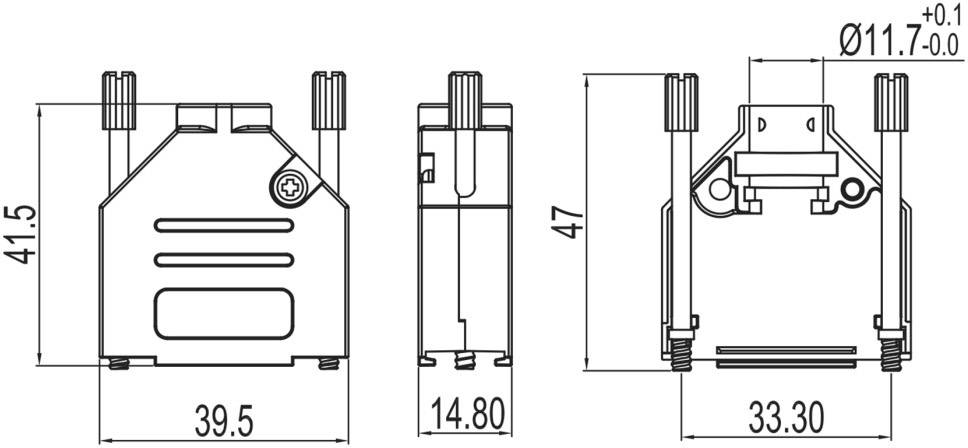 Rysunek techniczny elementu elektronicznego z wymiarami: 41,5 mm wysokości, 39,5 mm szerokości, 47 mm głębokości. Oznaczenia dla otworu gwintowanego Ø11,7 mm.