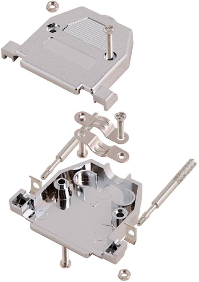 Metalowy złącznik wtykowy, rozłożony na górną i dolną część. Widoczne są śruby i elementy mocujące, prezentujące sposób montażu.