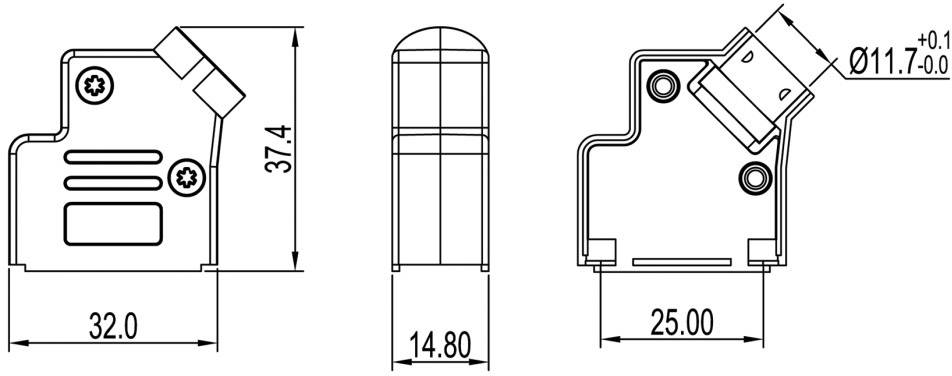 Rysunek techniczny elementu z wymiarami: szerokość 32, 14,80 i 25 mm, wysokość 37,4 mm, średnica otworu 11,7 mm.