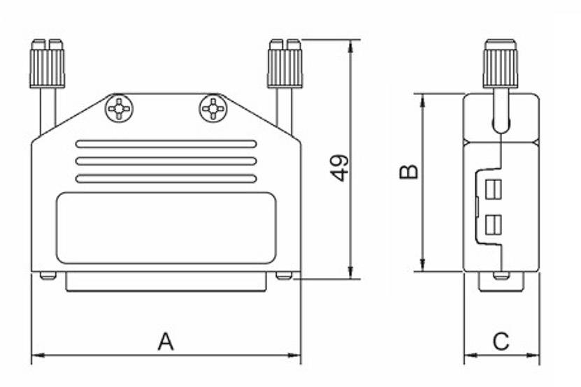 Rysunek techniczny złącza z wymiarami: A, B i C. Wysokość 49 mm. Widok z przodu i z boku wraz ze złączami śrubowymi.