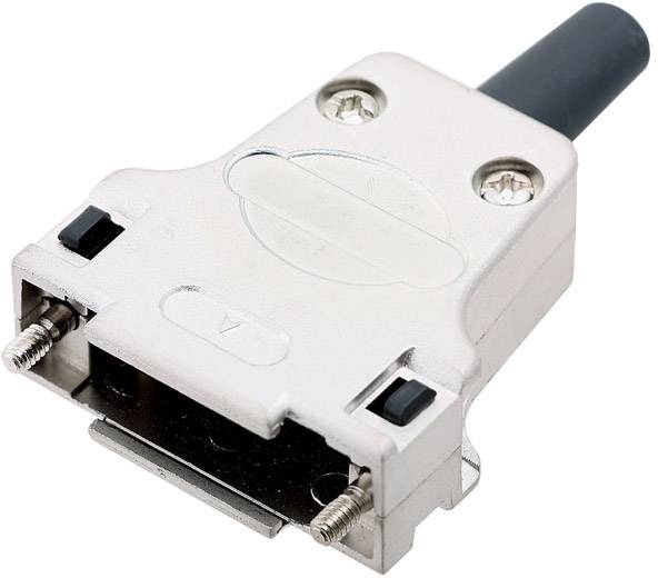 Metalowy wtyk z czarnymi zaciskami kablowymi, zabezpieczony dwoma śrubami. Stosowany w urządzeniach elektronicznych do niezawodnych połączeń.