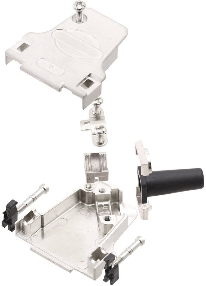 Obudowa wtyczki metalowej, rozłożona na kilka części, w tym płytę podstawy, pokrywę i śruby mocujące.