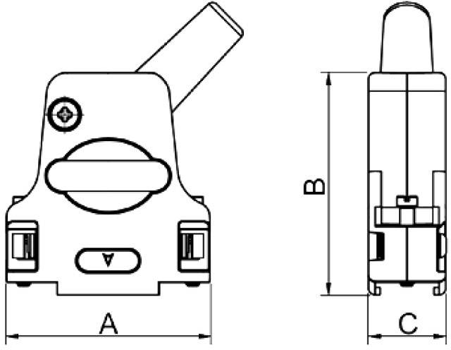 Rysunek techniczny: Widok z przodu i widok z boku elementu mechanicznego z zaznaczonymi wymiarami A, B, C.
