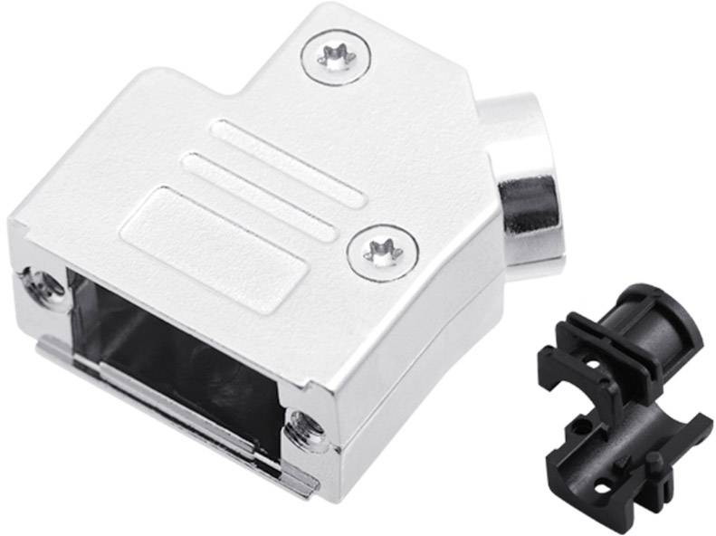 Metalowy złącz prostokatny, z śrubami i osobnym czarnym klipsem z tworzywa sztucznego obok, przeznaczony do zastosowań elektronicznych.