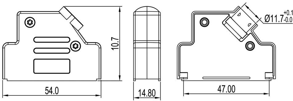 Komponent elektryczny o wymiarach: szerokość 54 mm, wysokość 10,7 mm, głębokość 47 mm. Element cylindryczny o średnicy 11,7 mm.